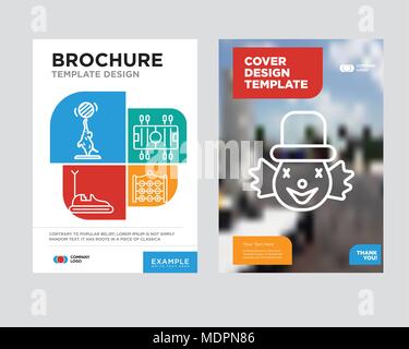 Clown brochure flyer design modello astratto con sfondo fotografico, Tic Tac Toe, calcio, Bumper Car, elefante tendenza minimalista business corporate rol Illustrazione Vettoriale