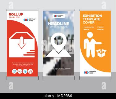 Persona in piedi accanto a una casella di consegna moderno business roll up banner modello di progettazione, il segnaposto sulla mappa carta in prospettiva creativa stand poster o Illustrazione Vettoriale
