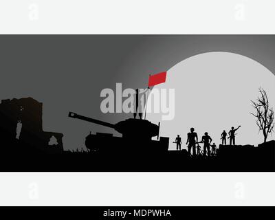 Pannello con silhouette di soldati e di un serbatoio su sfondo drammatico con grande luna e un soldato tenendo una bandiera rossa Illustrazione Vettoriale