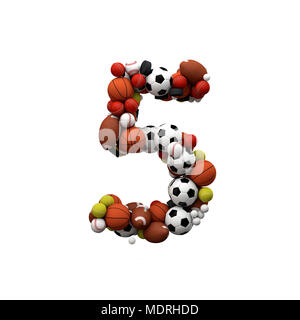 Il numero 5. Font realizzato da palle sportive. Il rendering 3D Foto Stock