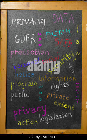 Concetto di politica sulla privacy in una parola tag cloud scritti su una lavagna con gesso colorato Foto Stock