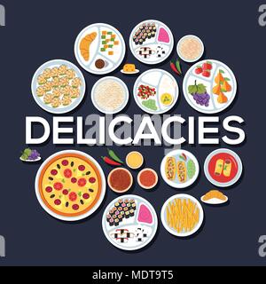 Delicatezza imposta cerchio infographics concetto di modello. Il design delle icone per il tuo prodotto o il tuo design, web e applicazioni per dispositivi mobili. Vettore di piatto con lunga ombra illustrazione su sfondo blu Illustrazione Vettoriale