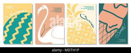 Set di sfondo o poster design per tema estivo in 4 stili con la calligrafia e lo spazio per il testo. Carino illustrazione vettoriale di cocomero, flamingo, Illustrazione Vettoriale