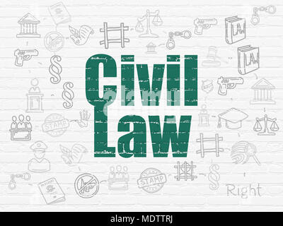 Il concetto di legge: verniciato di verde testo di diritto civile su bianco muro di mattoni sfondo con schema di disegnato a mano le icone di legge Foto Stock