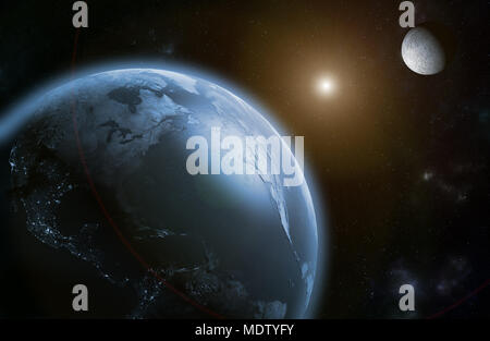 3D rendering della Luna e la messa a terra prima di un eclissi solare Foto Stock