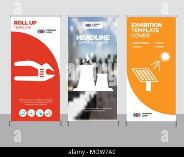 Batteria solare moderno business roll up banner modello di progettazione, tessuto creativo di vapore stand poster o brochure concetto, chiave regolabile coprire publica Illustrazione Vettoriale