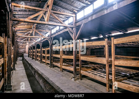 Oswiecim / Polonia - 02.15.2018: prigioniera di letti, letti a castello in barrack in Auschwitz Birkenau Museum. Foto Stock