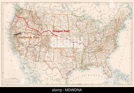 Oregon Trail e California Trail percorsi su un 1870s mappa degli Stati Uniti. Illustrazione Digitale Foto Stock