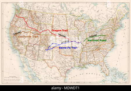 Percorsi dei grandi sentieri verso ovest su un 1870s mappa degli Stati Uniti. Illustrazione Digitale Foto Stock