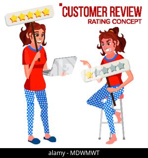 Recensione dei clienti vettore. Felice e infelice donna. Review Rating. Le testimonianze dei messaggi. Memorizzare un lavoro di qualità. Piatto isolato personaggio dei fumetti illustrazione Illustrazione Vettoriale