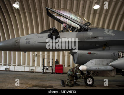 Stati Uniti Air Force Capt. Nicholas DeWulf, tredicesima Fighter Squadron F-16 Fighting Falcon pilota, attende come Airman 1. Classe Mnason Mikesell, un trentacinquesimo Manutenzione aeromobili squadrone capo equipaggio, conduce il preflight di ispezioni durante il vigile ACE 18 a Osan Air Base, Repubblica di Corea, il 4 dicembre, 2017. La 35th Fighter Wing trasferito più di 280 personale e 18 F-16 Fighting Falcon per migliorare ulteriormente l'ala 'lotta stasera di funzionalità durante l'esercizio annuale tenuto in tutta la penisola coreana. (U.S. Air Force photo by Staff Sgt. Silvano Heitzman) Foto Stock