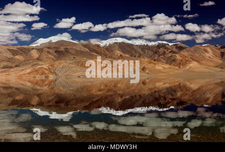 Una riflessione di Himalaya in alta atitudine lago di acqua salata Moriri in Ladakh, India. Il lago si trova vicino alla vecchia rotta commerciale tra India e Tibet. Foto Stock