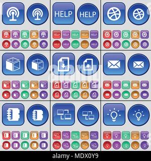Wifi, aiutare a sfere, Box, file, messaggi, notebook, connessione, lampadina. Un grande insieme di multi-pulsanti colorati. Illustrazione Vettoriale Illustrazione Vettoriale