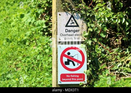 'Drabbia - Lucidi per le linee elettriche di alimentazione' e 'Nessuna attività di pesca al di là di questo punto' segni sul palo di legno a lato del canal Foto Stock