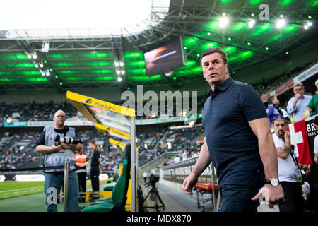 Il 20 aprile 2018, Germania, Mönchengladbach: Calcio, Bundesliga Tedesca, Borussia Mönchengladbach vs VfL Wolfsburg al Borussia-Park: Gladbach allenatore Dieter Hecking orologi il gioco. Foto: Marius Becker/dpa - AVVISO IMPORTANTE: a causa della Lega calcio tedesca·s (DFL) accrediti regolamenti, la pubblicazione e la ridistribuzione online e nei contenuti multimediali in linea è limitata durante la partita a quindici immagini per partita Foto Stock