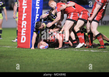 Xx Aprile 2018, AJ Bell Stadium, Manchester, Inghilterra; Betfred Super League Rugby, Salford Red Devils v Wakefield Trinità; Tyrone McCarthy di Salford Red Devils segnando un provare a credito: News immagini /Alamy Live News Foto Stock