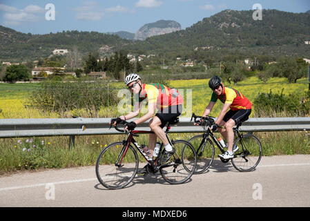 Binissalem, Maiorca Venerdì 20 Aprile 2018. Piloti provenienti da Redhill Ciclismo Club. Surrey UK passando campagna di Maiorca a Binissalem. Immagine: Pietro Titmuss/ Alamy Live News Foto Stock