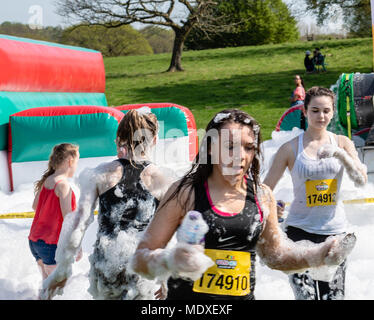 Essex, Regno Unito. Xxi Aprile, 2018. La molla divertimento al sole, il Gung-Ho 5k ostacolo corso evento con diverse migliaia di partecipanti che coprono un cinque chilometri di fun run su gonfiabile gigante ostacoli con finale l'Europa è il più grande mai slitta gonfiabile ha tenuto il suo primo evento dell'anno a Weald Country Park, Brentwood, Essex, Regno Unito. Credito: Ian Davidson/Alamy Live News Foto Stock