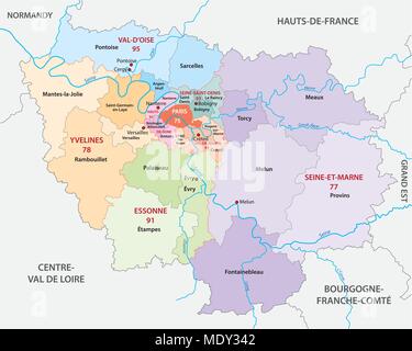 Ile de france politica e amministrativa di mappa vettoriale con bandiera, Francia Illustrazione Vettoriale