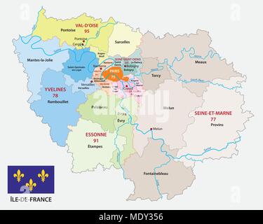 Ile de france politica e amministrativa di mappa vettoriale con bandiera, Francia Illustrazione Vettoriale