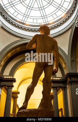 Lunghezza intera di 'Michelangelo's David' scultura da dietro con cielo a cupola di luce sopra e archetti in background; Firenze, Toscana, Italia Foto Stock