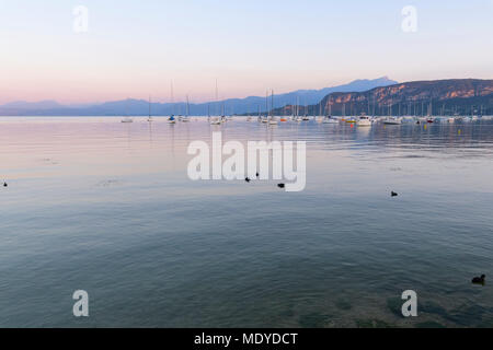 Lago di Garda Lago di Garda) con barche a vela ancorata all'alba a Bardolino in Veneto, Italia Foto Stock