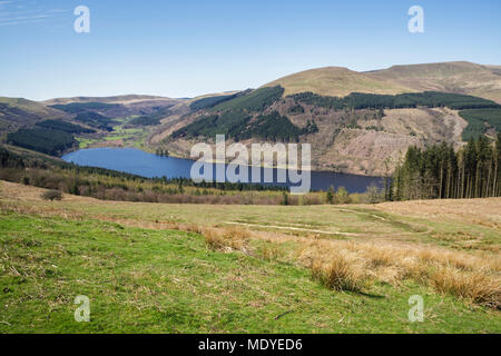 Guardando verso il basso sulla valle di Elisabetta e il serbatoio nel Parco Nazionale di Brecon Beacons Foto Stock