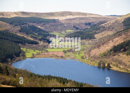 Guardando verso il basso sulla valle di Elisabetta e il serbatoio nel Parco Nazionale di Brecon Beacons Foto Stock