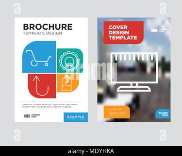 La televisione brochure flyer design modello astratto con sfondo fotografico, carica della batteria, l'ingranaggio e il pulsante Annulla, carrello tendenza minimalista busine Illustrazione Vettoriale