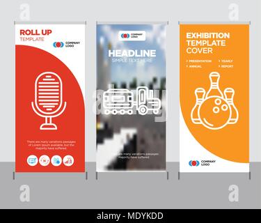 Bowling moderno business roll up banner modello di progettazione, Kid creative stand poster o brochure concetto, microfono pubblicazione di copertura Illustrazione Vettoriale