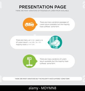 La logistica della scala di peso, consegna carrello con orologio circolare, consegna carrello con pacchetti dietro presentazione del modello di progettazione in arancione, verde, giallo Illustrazione Vettoriale