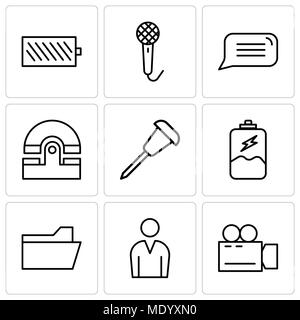 Set di 9 semplici icone modificabile come videocamera, avatar maschio, file cartella, la carica della batteria, la puntina, vecchio telefono, discorso bolla, registratore vocale, Ba Illustrazione Vettoriale