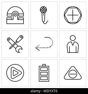 Set di 9 semplici icone modificabile come pulsante di sottrazione, il livello di carica della batteria pulsante Riproduci, avatar maschio, freccia rivolta a sinistra, un cacciavite e una chiave, Annuncio Illustrazione Vettoriale
