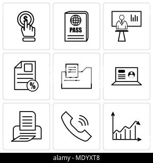 Set di 9 semplici icone modificabile come freccia analytc, chiamata, stampa, laptop, cartella documento, documento percento, news presenter, passaporto, fare clic, può essere Illustrazione Vettoriale