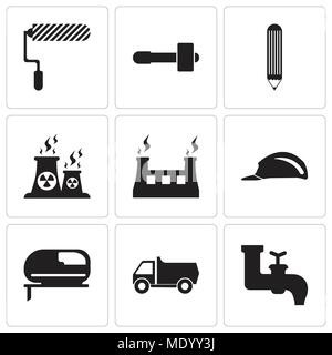 Set di 9 semplici icone modificabile come rubinetto, carrello, una smerigliatrice intestazione, tessuto & vapore, tessuto, matita, martello, rullo, può essere usato per il mobile, l'interfaccia utente web Illustrazione Vettoriale