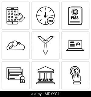 Set di 9 semplici icone modificabile come clic, il palazzo del governo, sbloccare, laptop, tie, dati di ricerca, passaporto, guarda, iphone può essere utilizzato per il mobile, Illustrazione Vettoriale