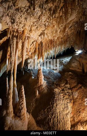 Close-up di stalattiti e stalagmiti in caverne di Jenolan nelle Blue Mountains del Nuovo Galles del Sud, Australia Foto Stock