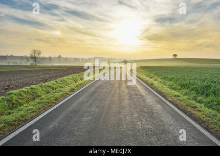 Mattina sole che splende su una strada di campagna in Freiensteinau nel distretto di Vogelsberg in Hesse, Germania Foto Stock