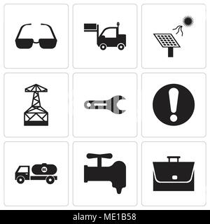 Set di 9 semplici icone modificabile come borsa, gru, ribaltabile, esclamazione, chiave stringitubo, olio derrick, batteria solare, autocarro, occhiali da sole, può essere utilizzato per i mo Illustrazione Vettoriale