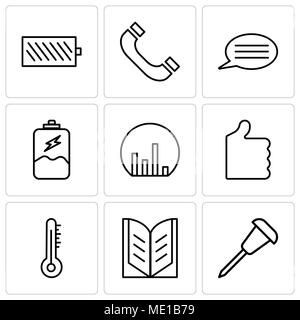 Set di 9 semplici icone modificabile come la puntina, Libro Aperto, termometro a mercurio, pollice in alto, grafico a barre, la carica della batteria, discorso bolla con testo, Headph Illustrazione Vettoriale