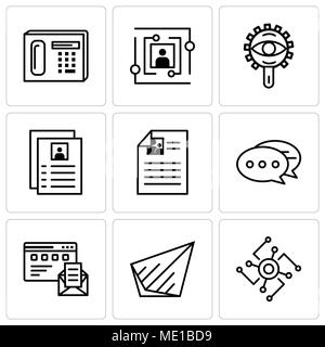 Set di 9 semplici icone modificabili quali CPU, inviare, Browser e-mail, Chat, flyer, visualizzare, utente, il telefono può essere usato per il mobile, l'interfaccia utente web Illustrazione Vettoriale