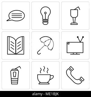 Set di 9 semplici icone modificabili quali cuffie, una tazza di caffè caldo, il bicchiere di carta con una cannuccia, televisione con antenna, ombrello aperto, aprire bo Illustrazione Vettoriale