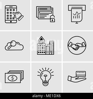 Set di 9 semplici icone modificabili quali carta, lampadina, Dollar, agitando a mano, edificio, dati di ricerca, presentazione, sbloccare, iphone può essere utilizzato per il mobile, Illustrazione Vettoriale