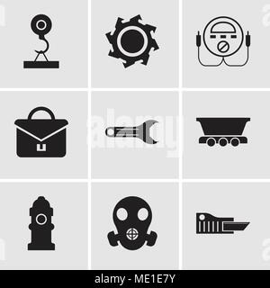 Set di 9 semplici icone modificabile come taglierina, respiratore, idrante, carro merci, chiave regolabile, portfolio, controllo energetico, lama per sega, carico cr Illustrazione Vettoriale