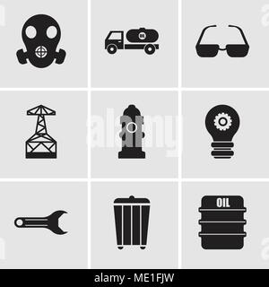 Set di 9 semplici icone modificabile come olio, cestino, chiave regolabile, impostazione lampada, idrante di fuoco, olio derrick, occhiali da sole, ribaltabile, respiratore, può essere Illustrazione Vettoriale