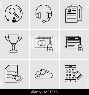 Set di 9 semplici icone modificabile come iphone, dati di ricerca, contratto, sbloccare il denaro e la chiave, coppa, documento, cuffie, la ricerca può essere utilizzata per mobi Illustrazione Vettoriale