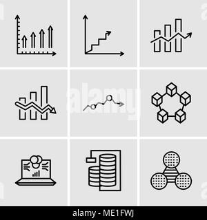 Set di 9 semplici icone modificabile come torta comparazione grafica, l'analisi del database, Laptop analisi dei dati sullo schermo con cerchi, dati interconnessi, M Illustrazione Vettoriale