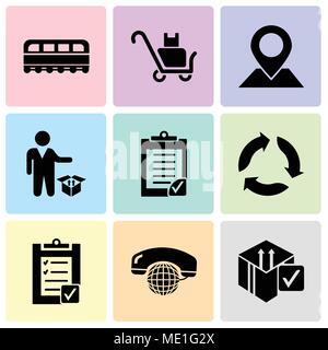 Set di 9 semplici icone modificabile come casella di Delive verifica, chiamate internazionali, servizio verifica della consegna Elenco appunti, triangolare arr Illustrazione Vettoriale