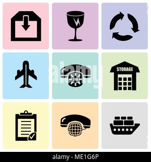 Set di 9 semplici icone modificabili quali contenitori sulla nave oceanica, chiamate internazionali, servizio di verifica degli appunti, storage, 24 telefono ore serv Illustrazione Vettoriale