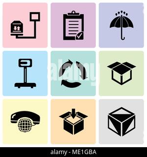 Set di 9 semplici icone modificabile come la confezione Scatola cubo per consegna, consegna della confezione, chiamate internazionali, servizio consegna confezione aperta, Illustrazione Vettoriale